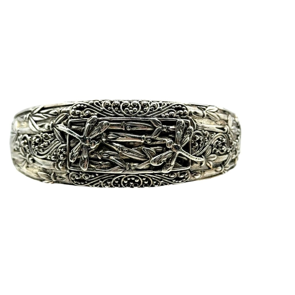 Sarda Sterling Silver Dragonfly Cuff Bracelet Detailed Designer 7.75in 39.4 Gram